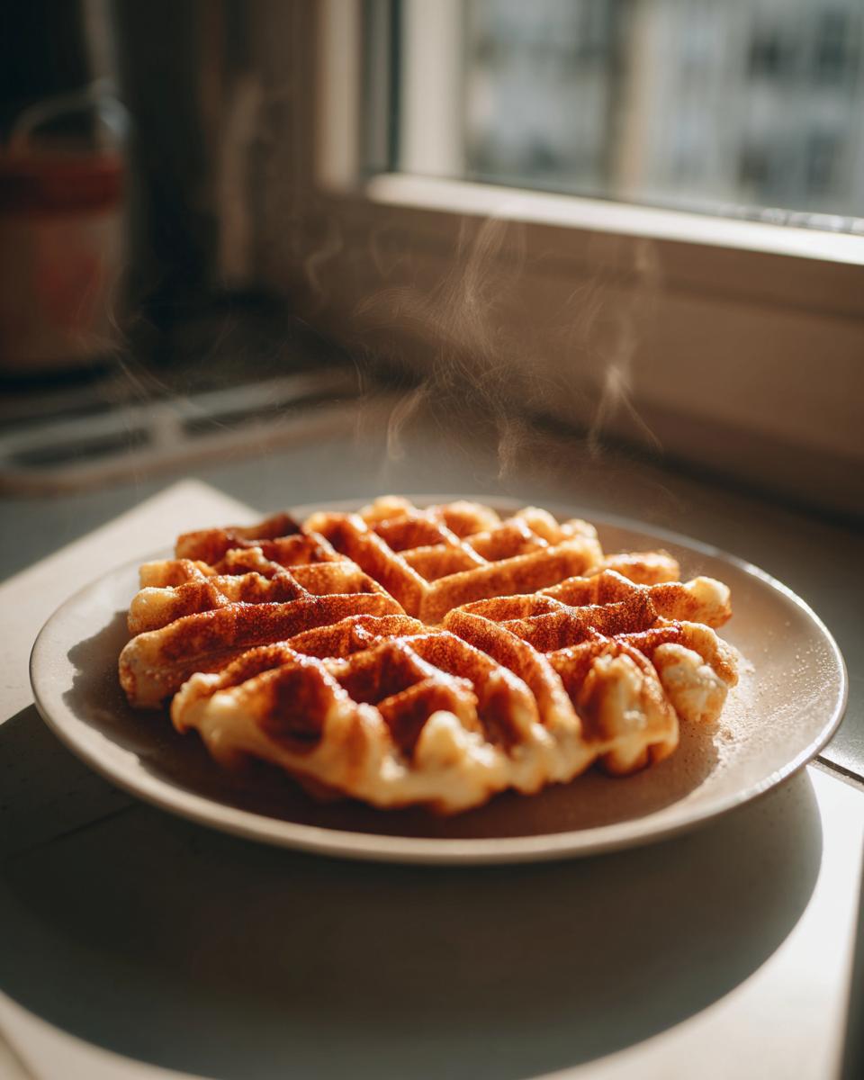 Eine dampfende, frisch gebackene Alte deutsche Waffel, bestreut mit Zimt, auf einem Teller im Sonnenlicht.