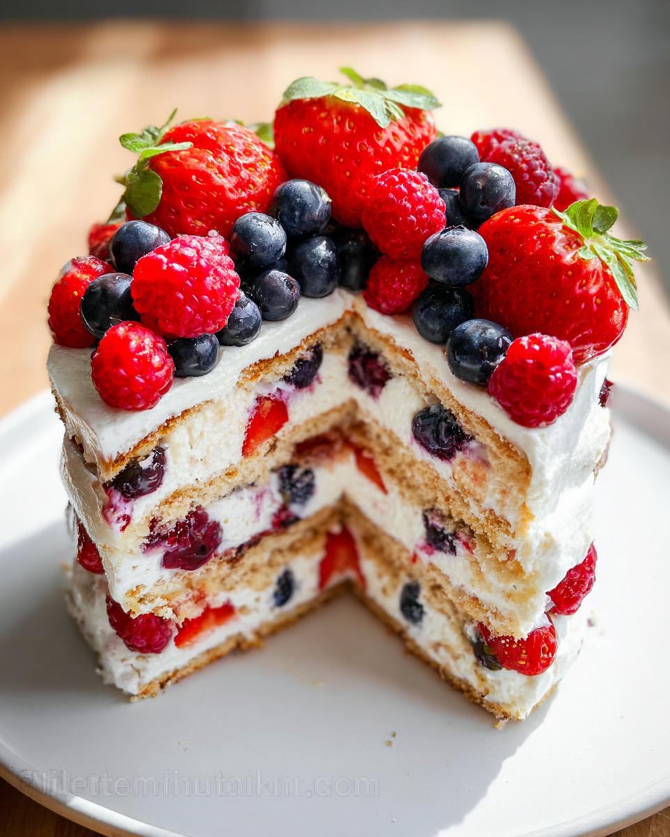 Aufgeschnittener Beeren Tiramisu Kuchen mit Schichten aus Biskuit, Creme und vielen frischen Beeren wie Erdbeeren, Himbeeren und Blaubeeren.