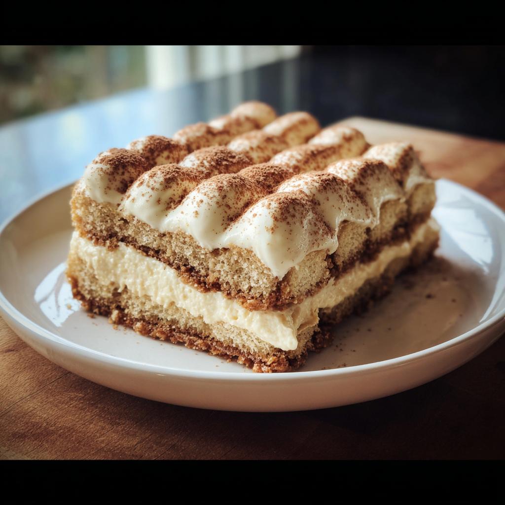 Ein köstlicher Anschnitt vom Haselnuss Tiramisu Kuchen mit Schichten aus Creme und Biskuit, bestäubt mit Kakao.