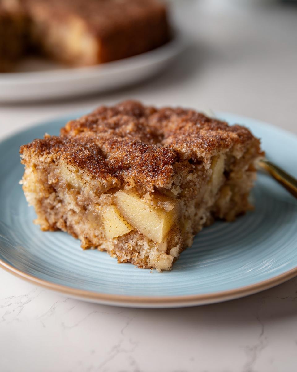 Ein Stück saftiger Apfelkuchen mit Zimt-Zucker-Topping und sichtbaren Apfelstücken auf einem hellblauen Teller.