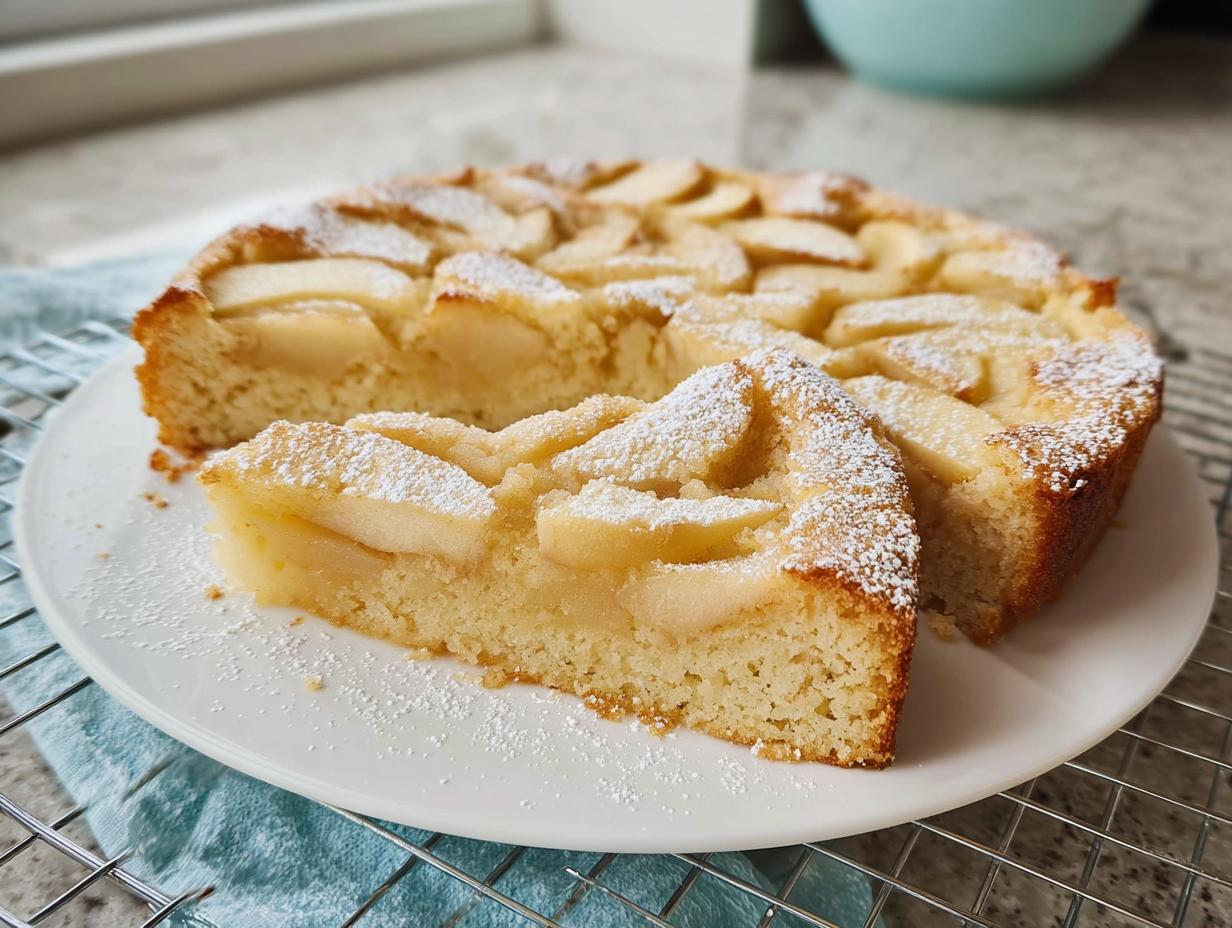 Ein Anschnitt eines saftigen Apfelkuchen ohne Butter, bestäubt mit Puderzucker, auf einem weißen Teller.