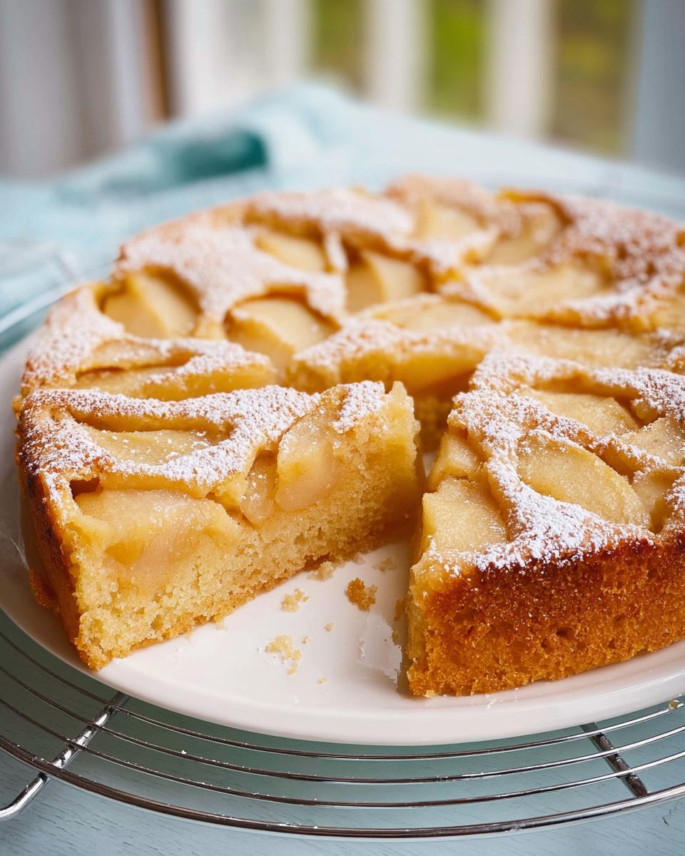 Anschnitt eines saftigen Apfelkuchen ohne Butter, bestäubt mit Puderzucker auf einem weißen Teller.