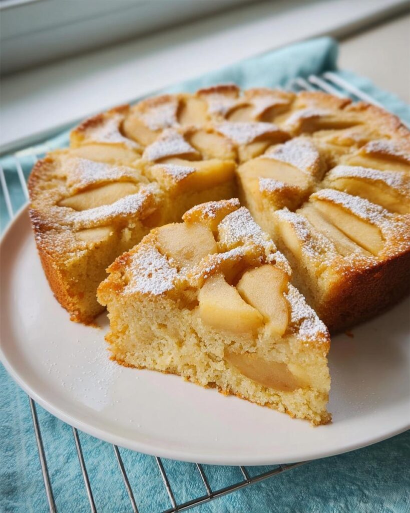 Ein Stück Apfelkuchen ohne Butter mit Apfelscheiben und Puderzucker auf einem weißen Teller.