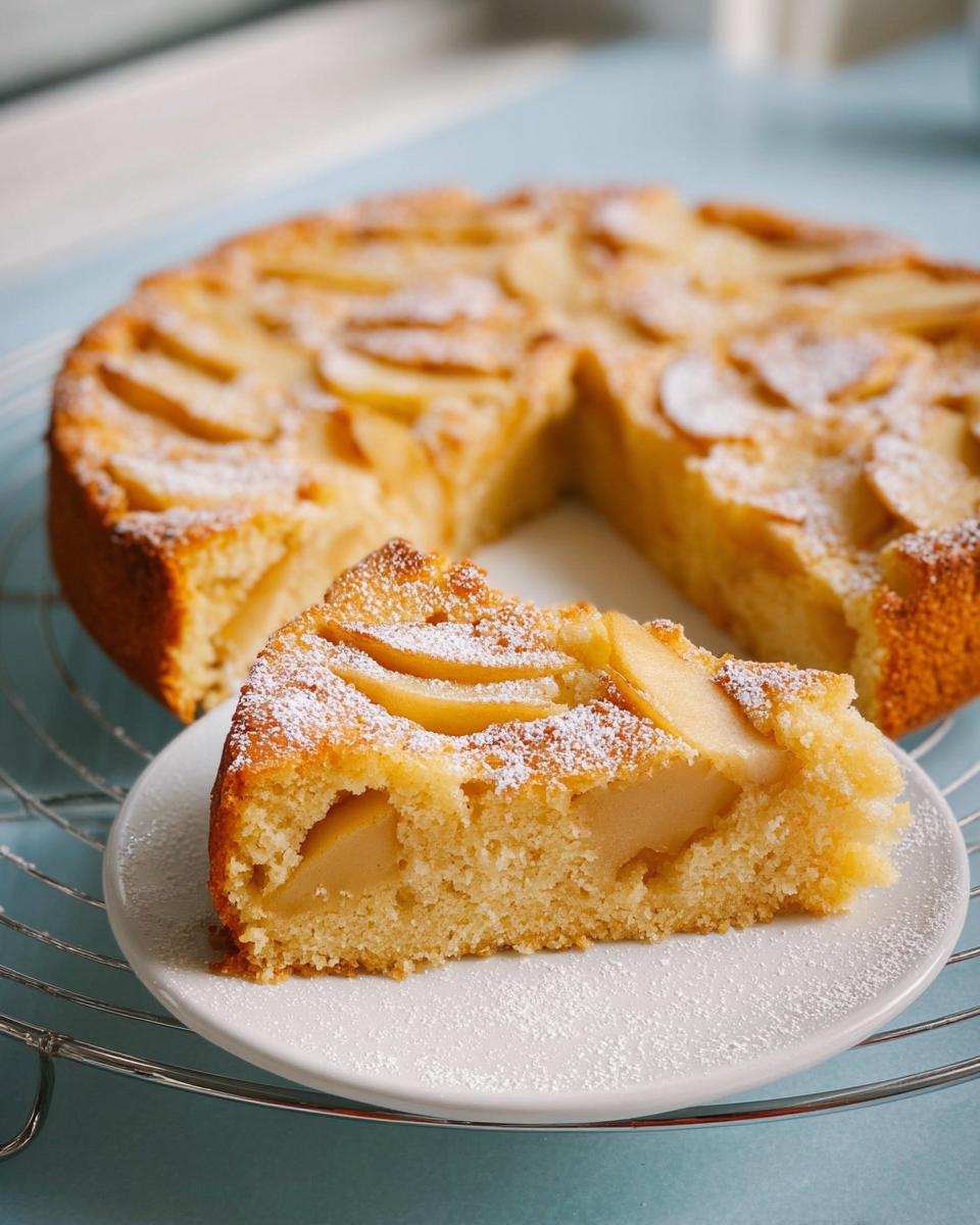 Ein Stück Apfelkuchen ohne Butter, bestäubt mit Puderzucker, auf einem weißen Teller mit dem restlichen Kuchen im Hintergrund.