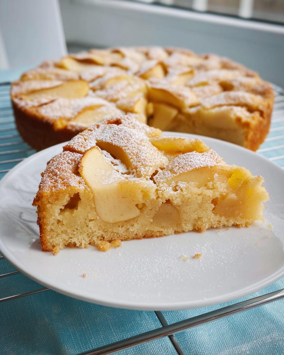 Ein Stück Apfelkuchen ohne Butter mit Apfelscheiben und Puderzucker auf einem weißen Teller.