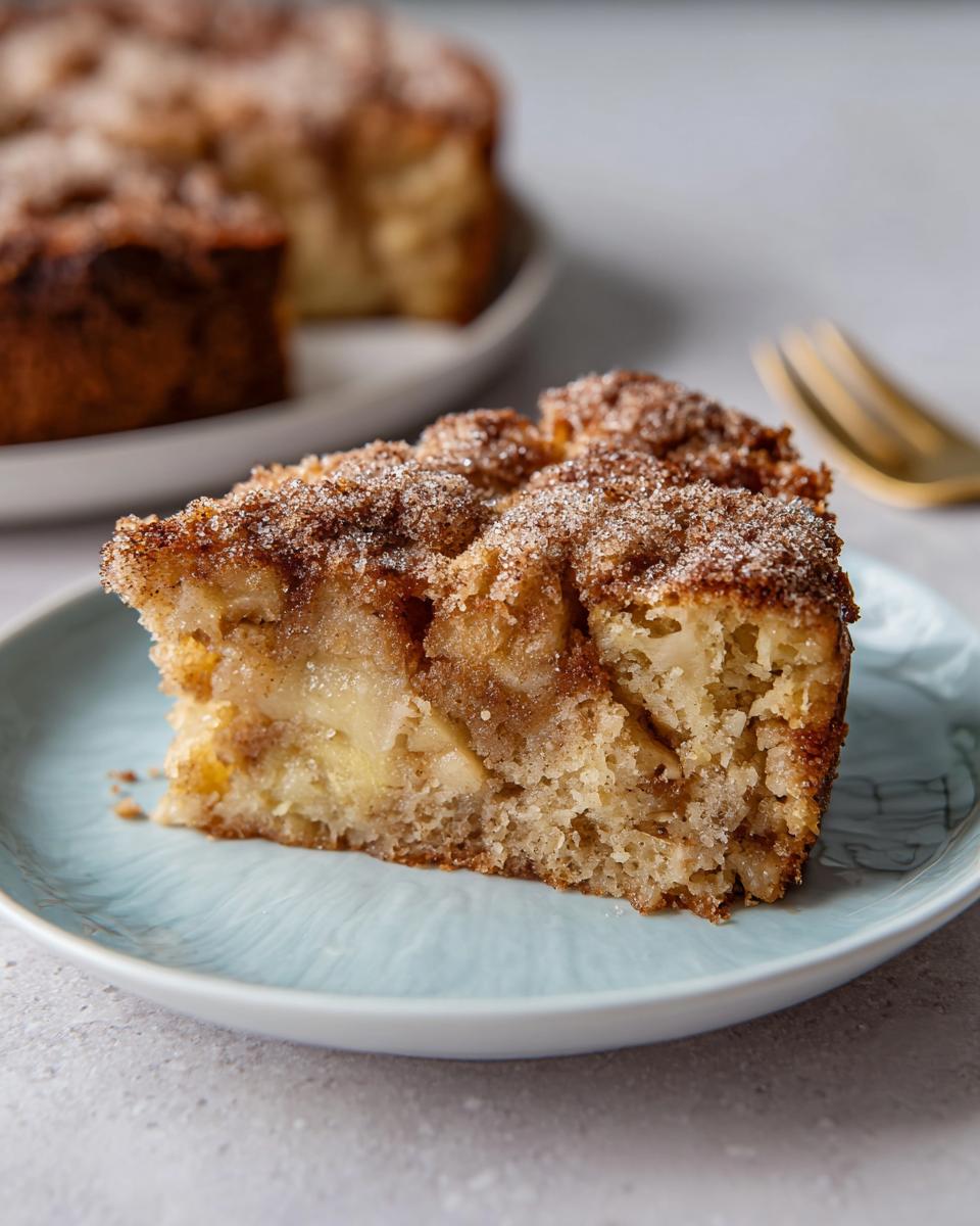 Nahaufnahme eines Stücks Apfelkuchen mit Zimt-Zucker-Topping auf einem hellblauen Teller.