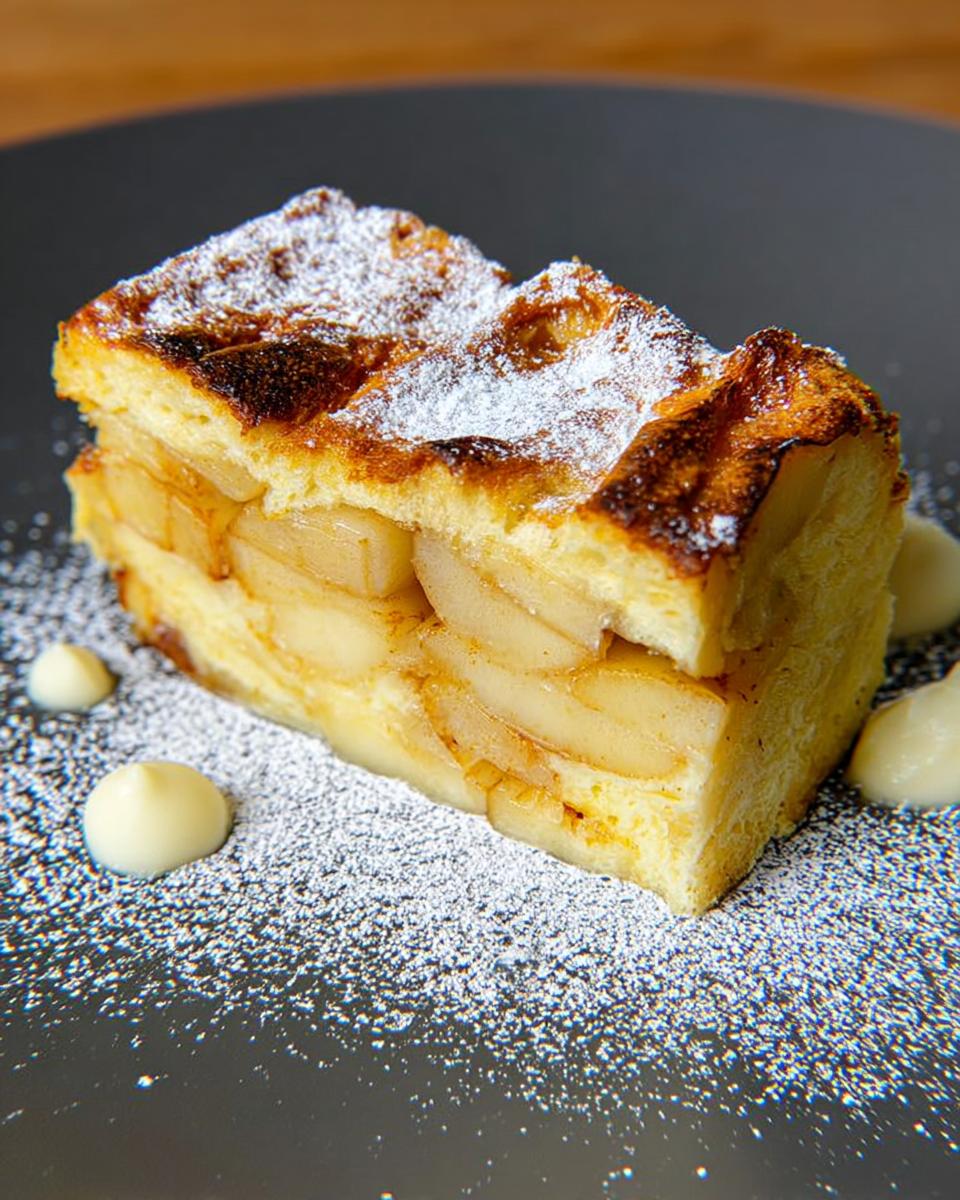 Ein saftiges Stück Brioche-Dessert mit Apfel und Zimt, bestäubt mit Puderzucker und garniert mit Vanillesauce.