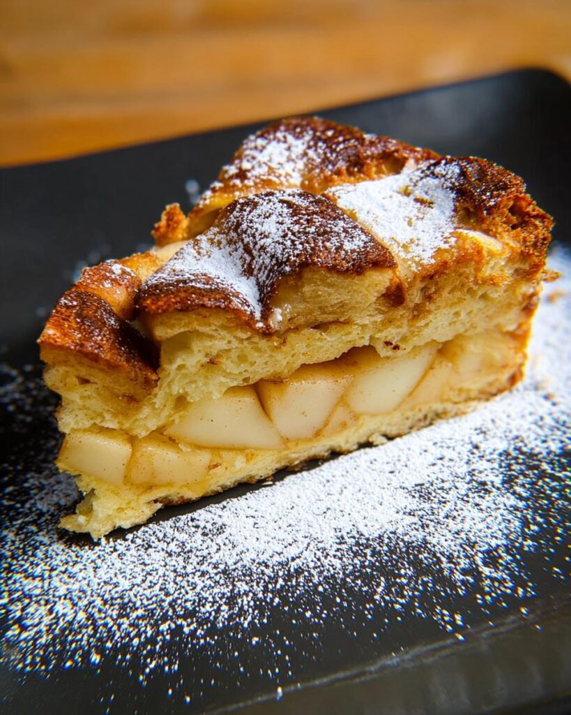 Ein goldbraunes Stück Brioche-Dessert mit Apfel & Zimt, bestäubt mit Puderzucker auf einem dunklen Teller.