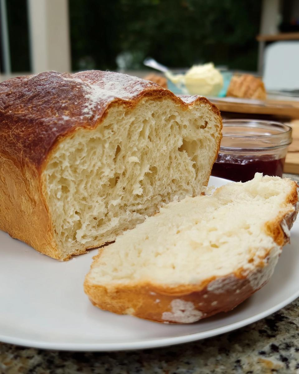 Anschnitt eines Laibs Brioche mit extra lockerer Krume, serviert mit Marmelade und Butter im Hintergrund.