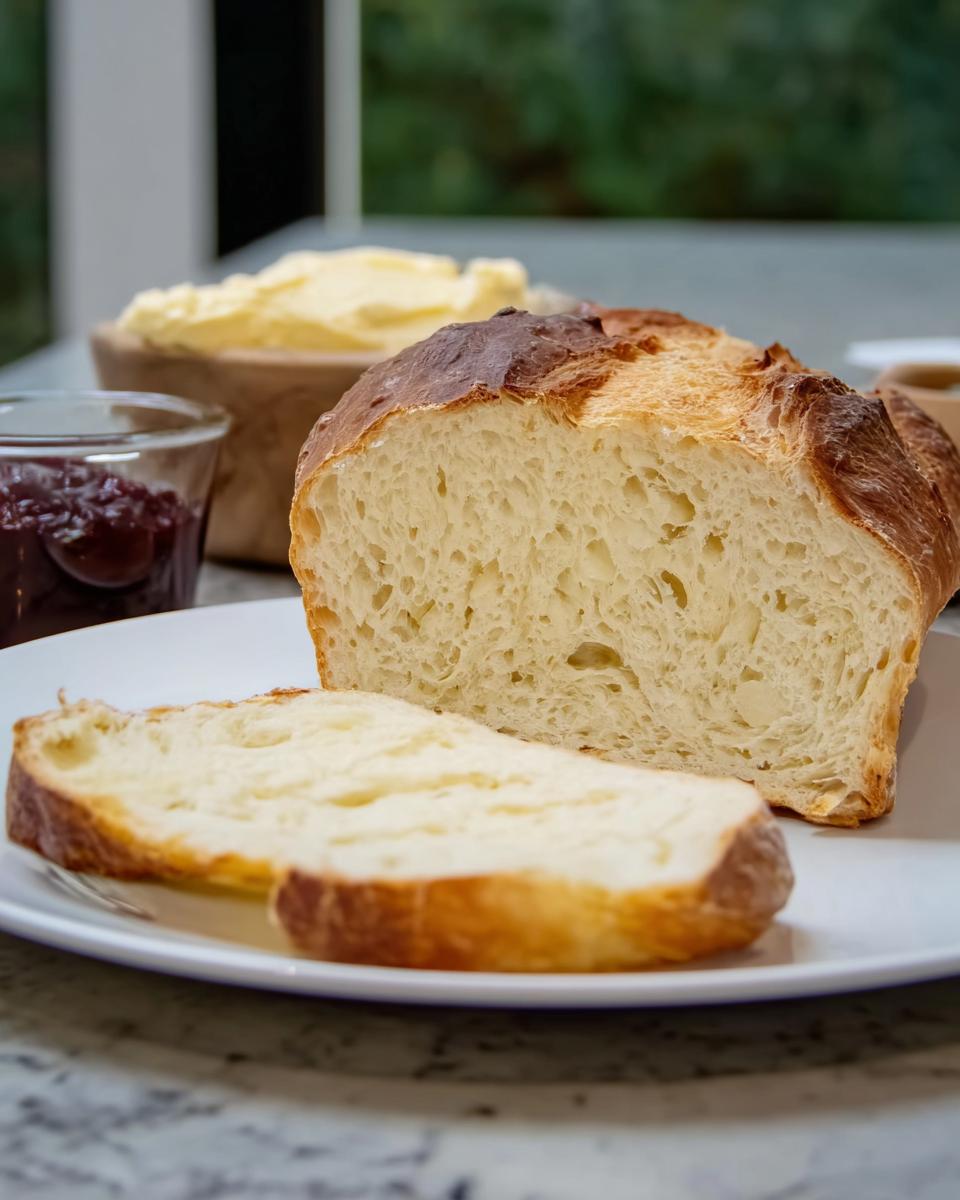 Aufgeschnittenes Brioche Brot mit extra lockerer Krume, serviert mit Butter und Marmelade.