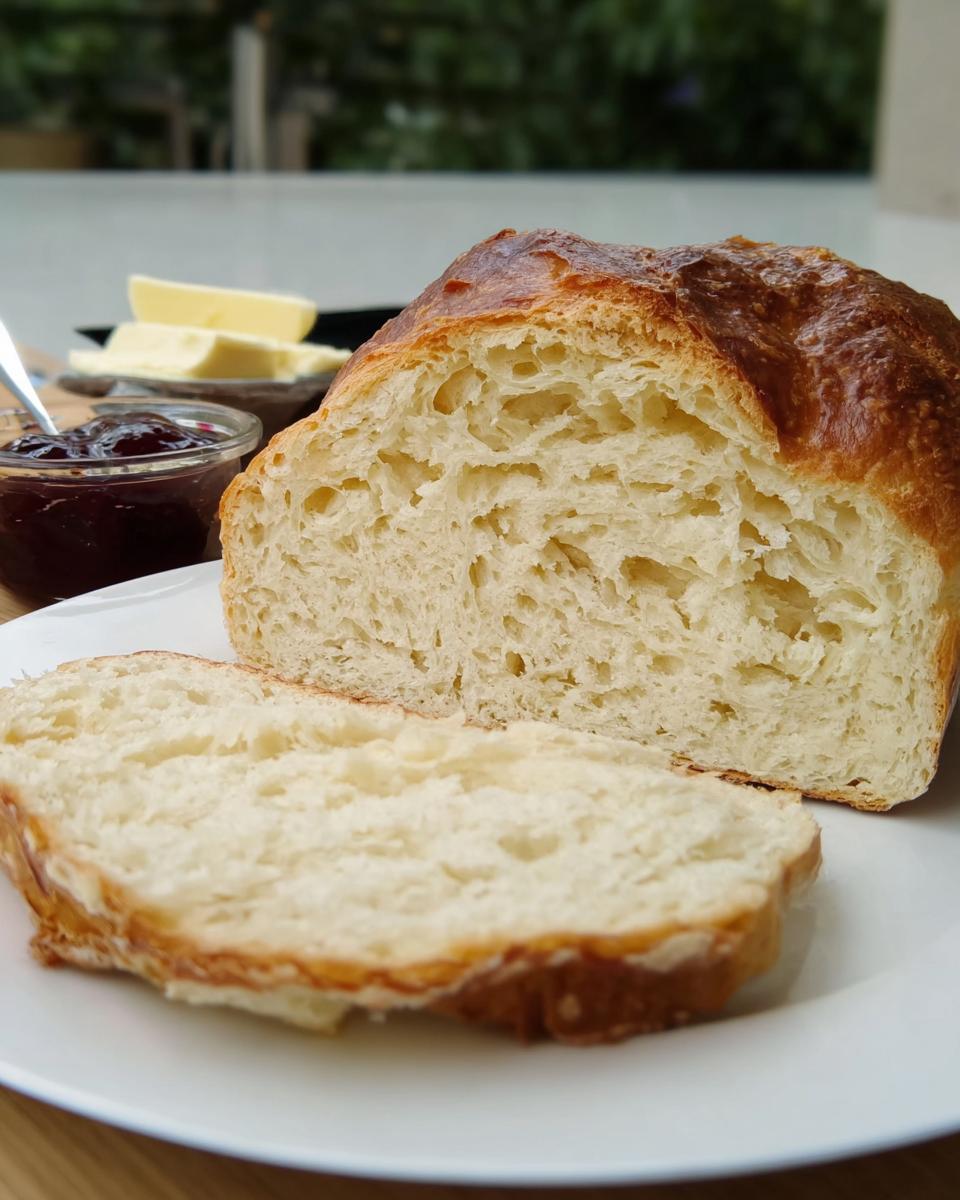 Aufgeschnittenes Brioche Brot mit einer extra lockeren Krume, serviert mit Marmelade und Butter.