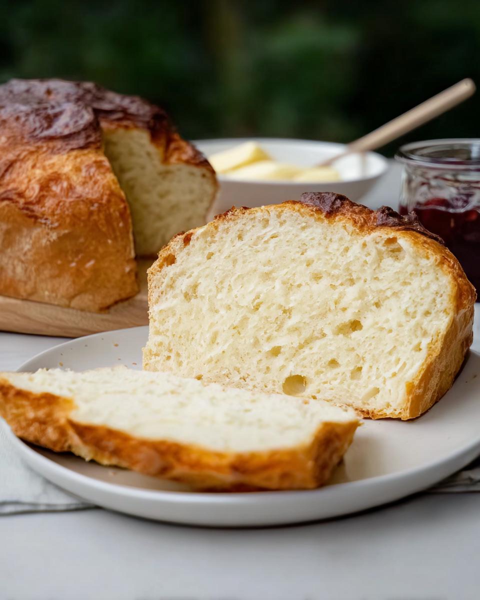 Aufgeschnittenes Brioche mit extra lockerer Krume auf einem Teller, bereit zum Servieren mit Butter und Marmelade.