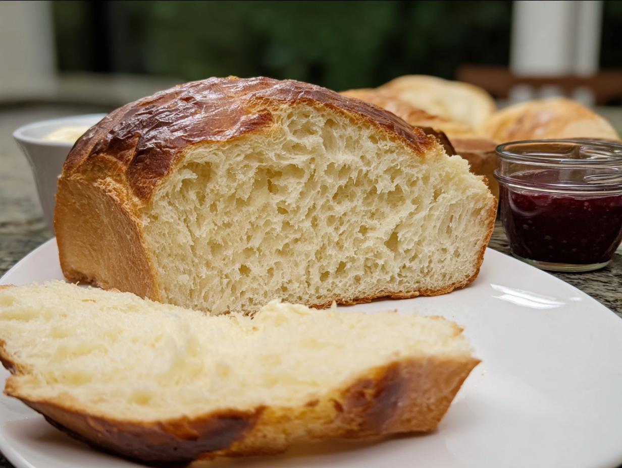 Anschnitt eines Laibs Brioche mit extra lockerer Krume, serviert mit Marmelade und Butter.