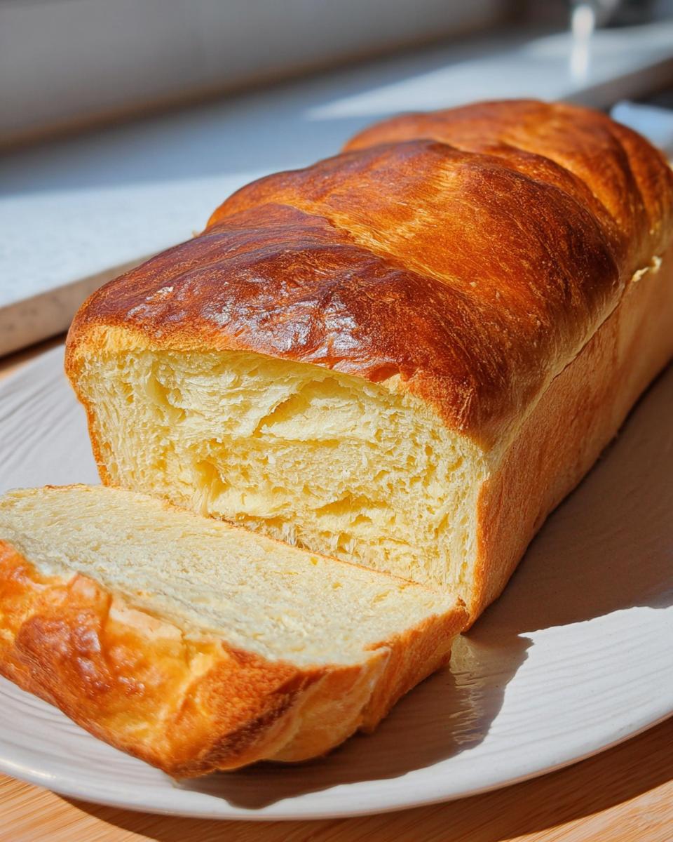 Ein Laib Brioche mit goldbrauner Kruste, von dem eine Scheibe abgeschnitten wurde, um die weiche Textur zu zeigen.