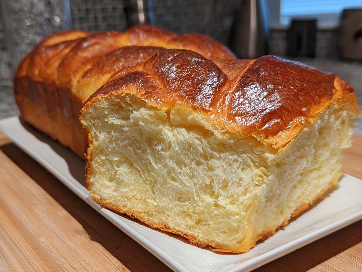 Anschnitt eines frisch gebackenen Brioche mit goldbrauner Kruste und weicher, gelber Krume.