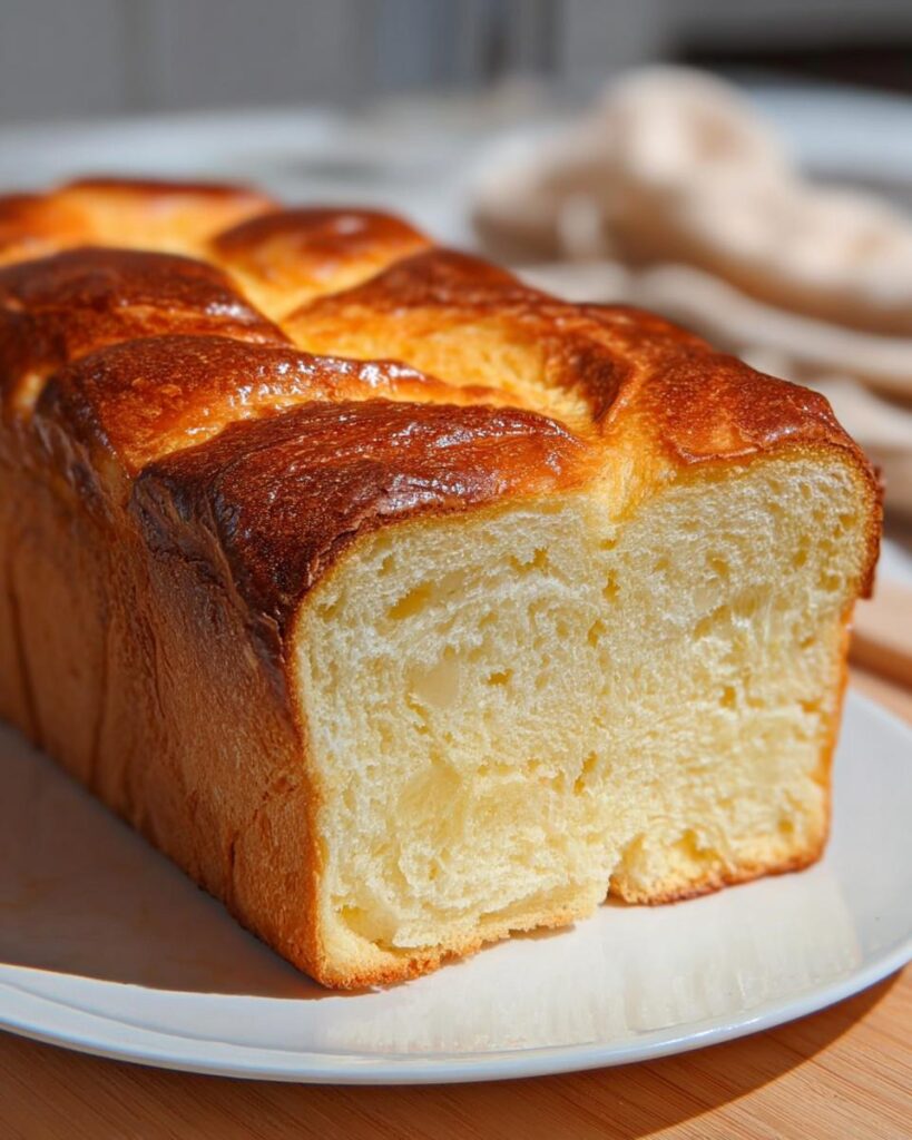 Ein angeschnittenes Laib Brioche mit goldbrauner Kruste, das die weiche, gelbliche Krume zeigt.