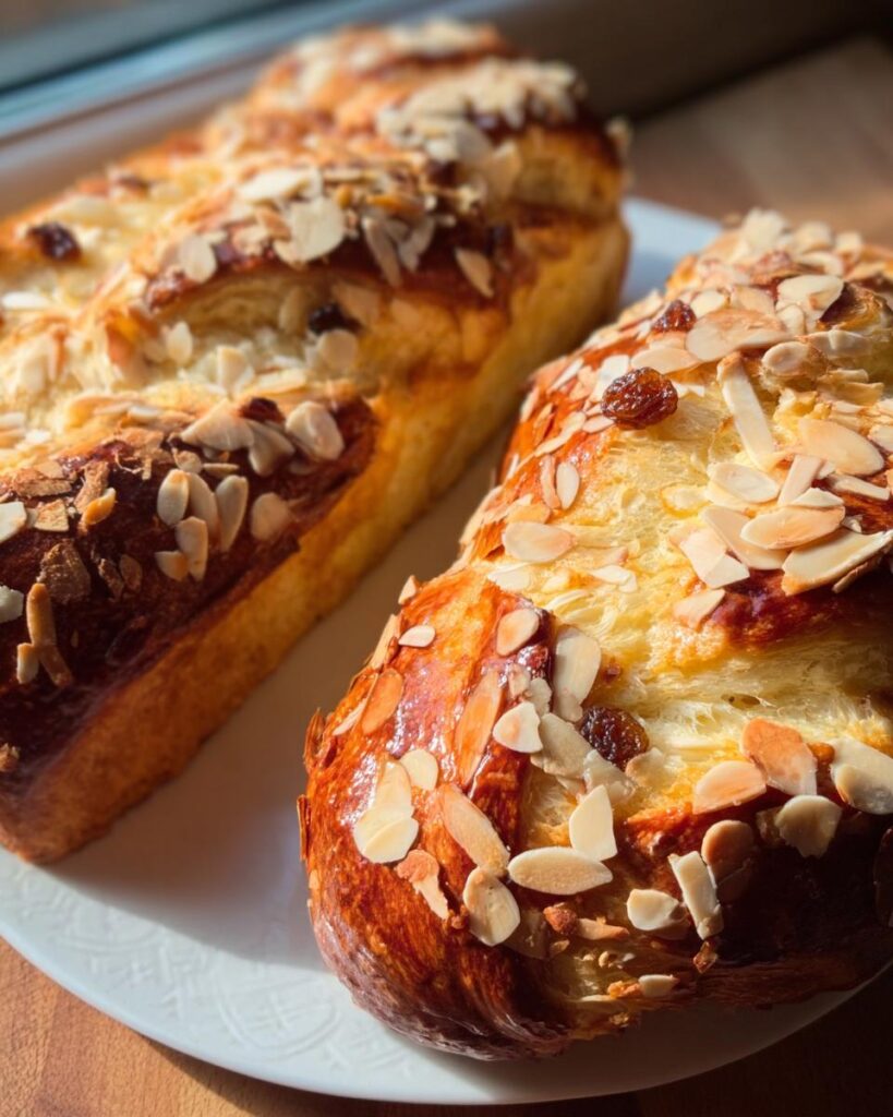 Zwei goldbraun gebackene Stränge Brioche mit Rosinen & Mandelblättchen auf einem weißen Teller.