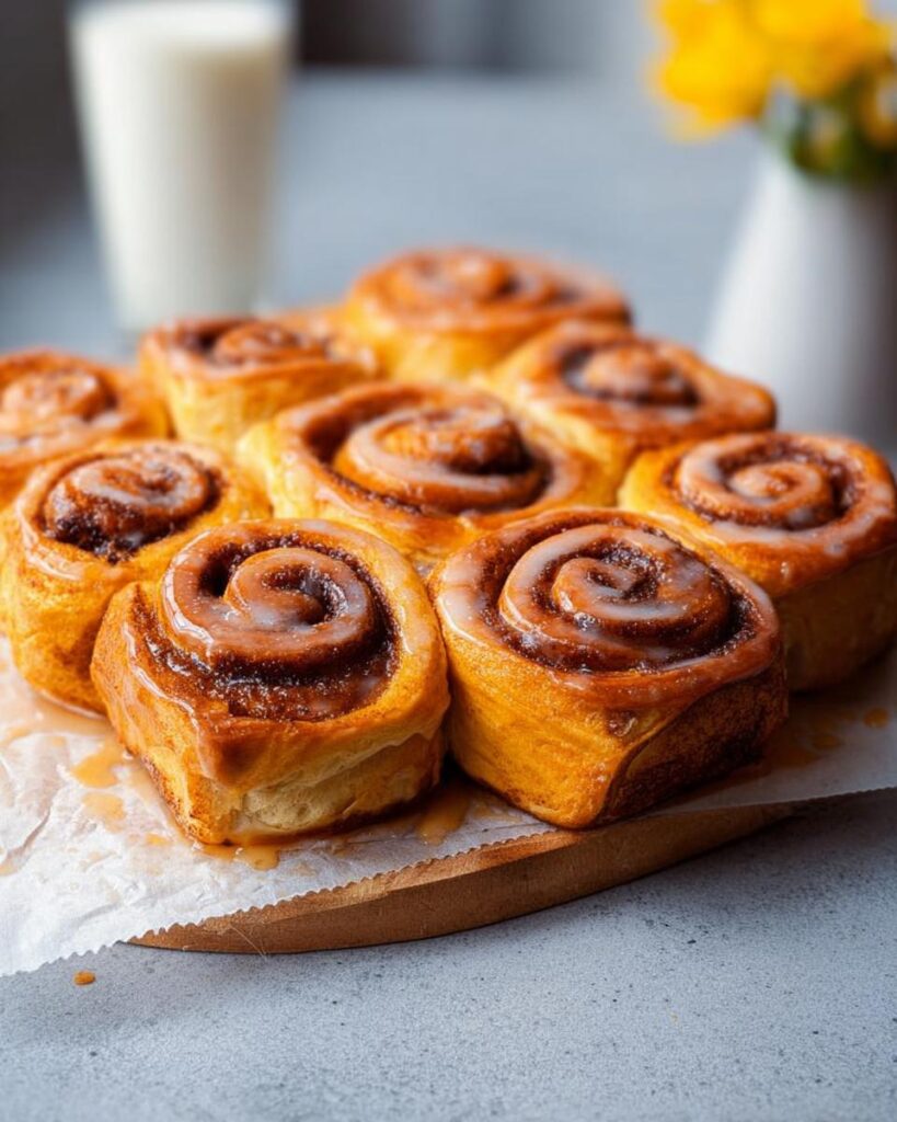 Eine Gruppe frisch gebackener Brioche mit Zimt & Zucker, glasiert und auf einem Holzbrett angerichtet.