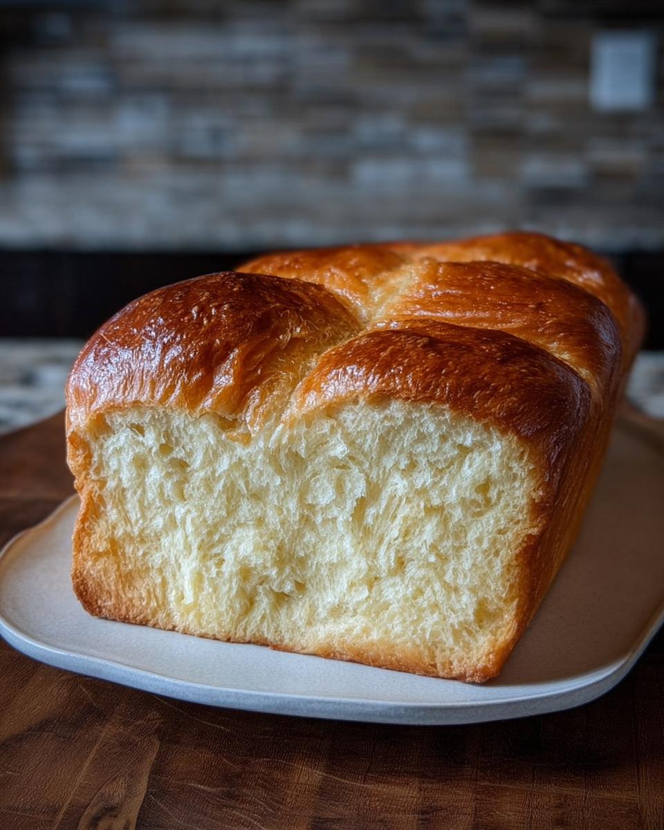 Ein Laib frisch gebackenes Briochebrot mit Übernachtgare, dessen goldbraune Kruste und weiche, gelbliche Krume sichtbar sind.
