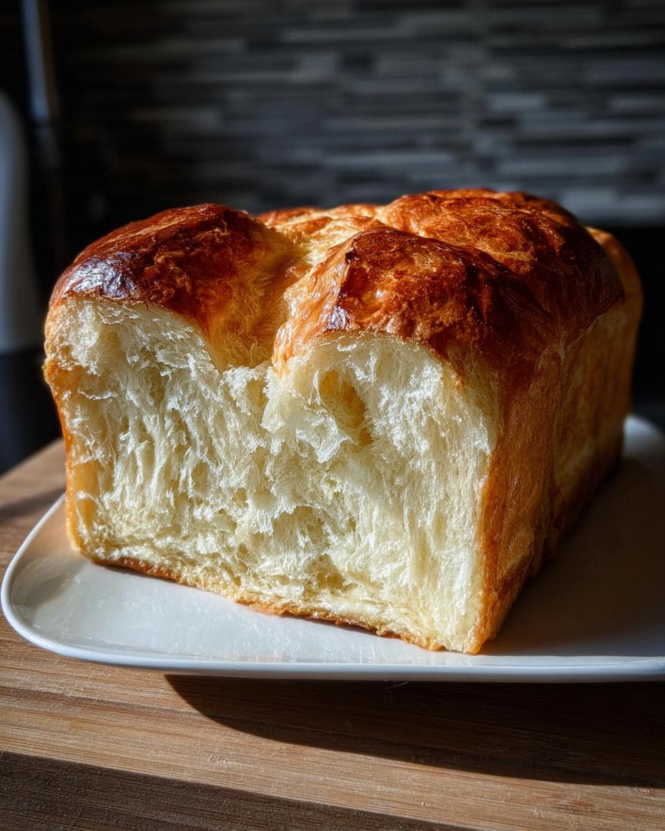 Aufgeschnittenes, fluffiges Briochebrot mit Übernachtgare auf einem weißen Teller.