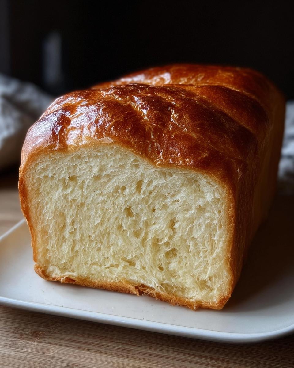 Ein Laib frisch gebackenes Briochebrot mit Übernachtgare, angeschnitten auf einem weißen Teller, zeigt die weiche, gelbliche Krume.