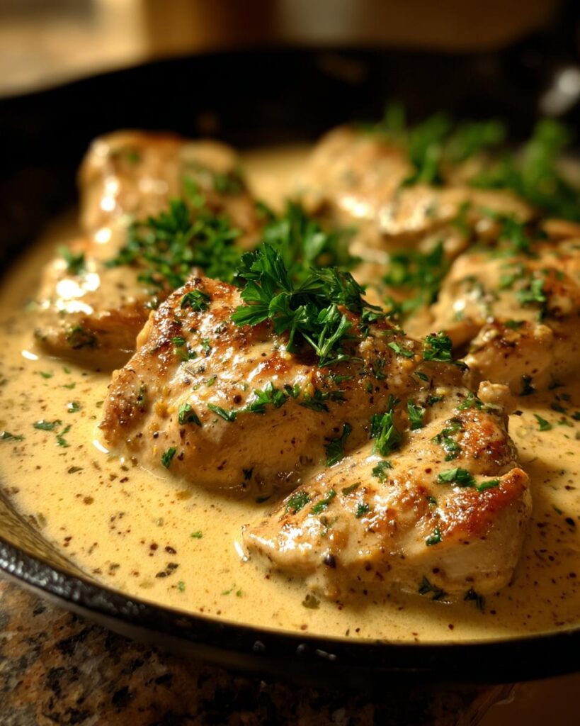 Mehrere saftige Hähnchenbrustfilets in einer cremigen Dijon-Soße, garniert mit frischer Petersilie.