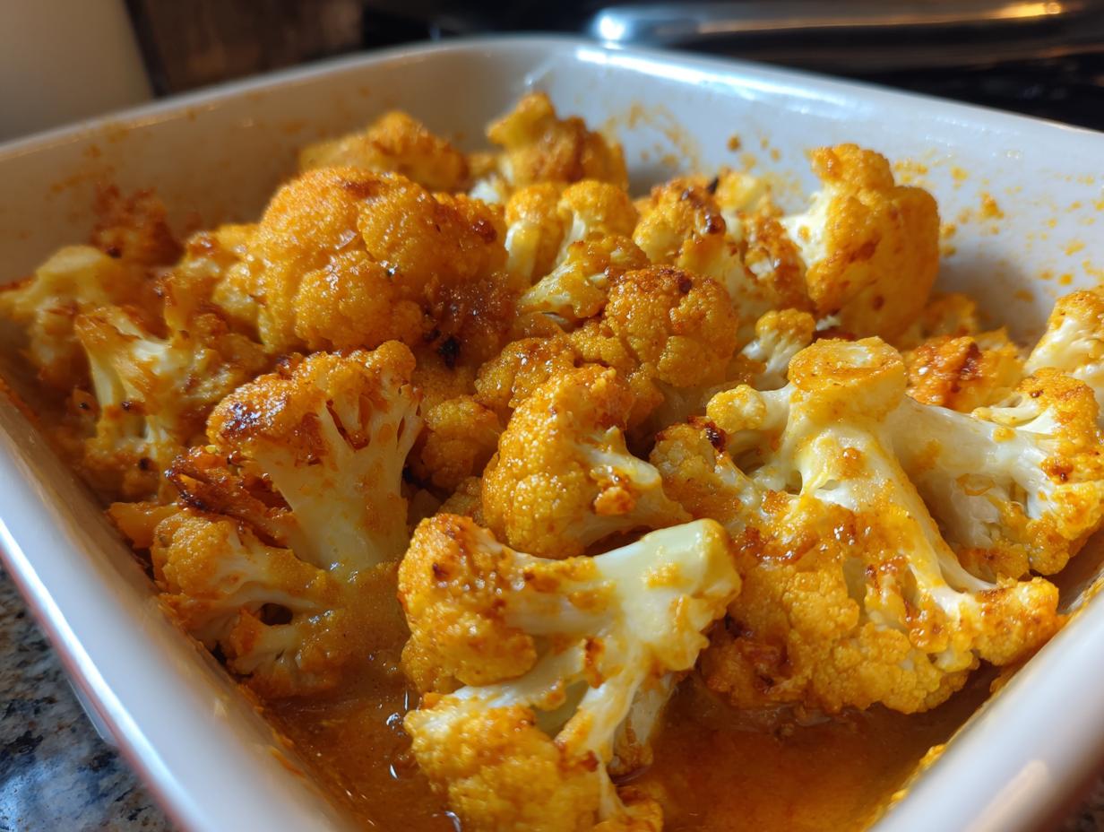 Nahaufnahme von gebackenem Blumenkohl in einer Auflaufform für Cremiger Blumenkohl-Curry aus dem Backofen.