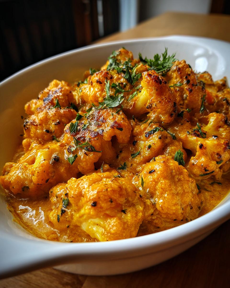 Nahaufnahme von Cremiger Blumenkohl-Curry aus dem Backofen, bedeckt mit cremiger Sauce und frischer Petersilie.