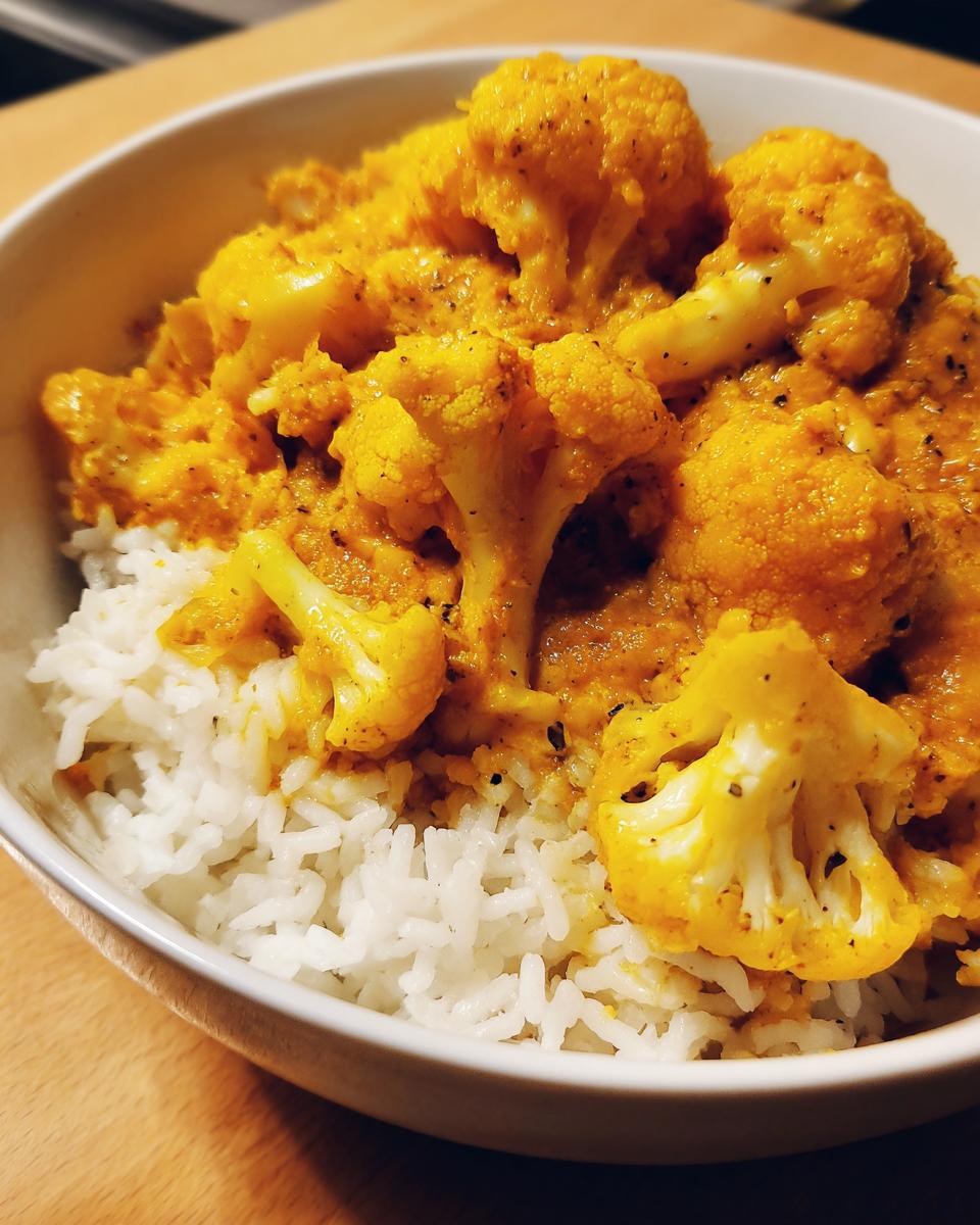 Nahaufnahme von Cremiger Blumenkohl-Curry aus dem Backofen mit cremigem, gelbem Blumenkohl auf weißem Reis in einer Schüssel.