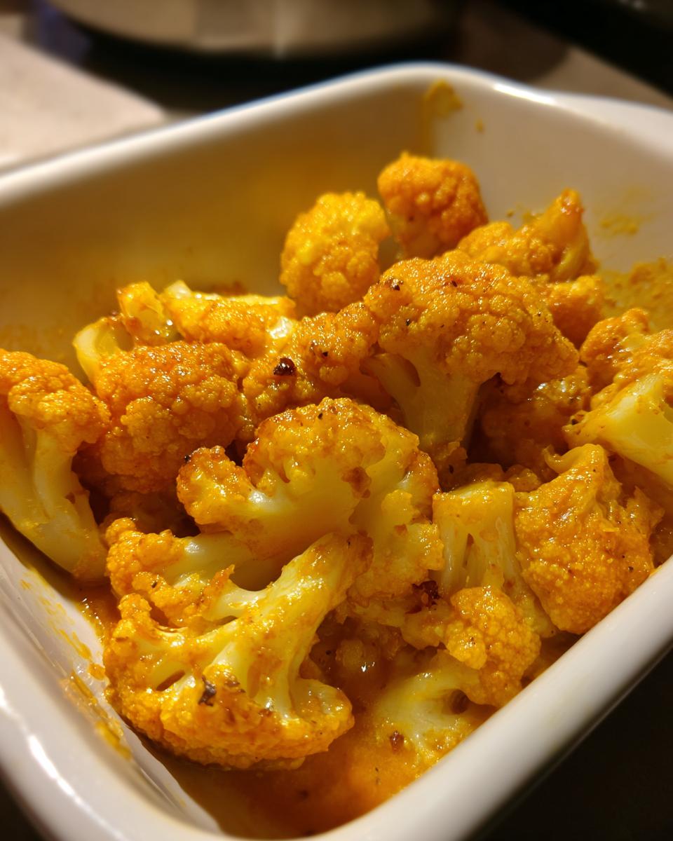 Close-up of cauliflower florets coated in a creamy, yellow-orange curry sauce in a white baking dish, ready for the Cremiger Blumenkohl-Curry aus dem Backofen.