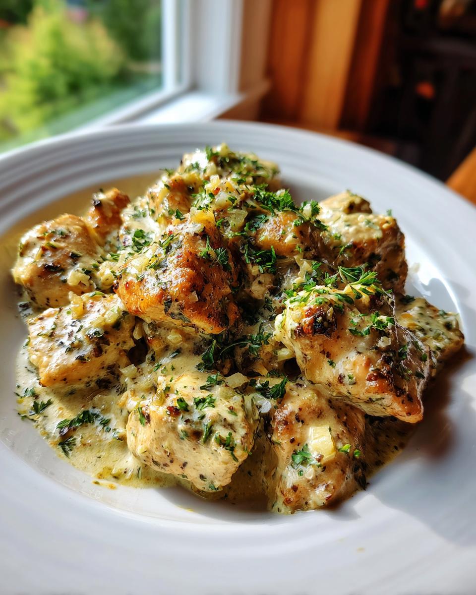 Portion Cremiges Hähnchen mit geröstetem Knoblauch und Kräutern in einer cremigen Soße auf einem weißen Teller.