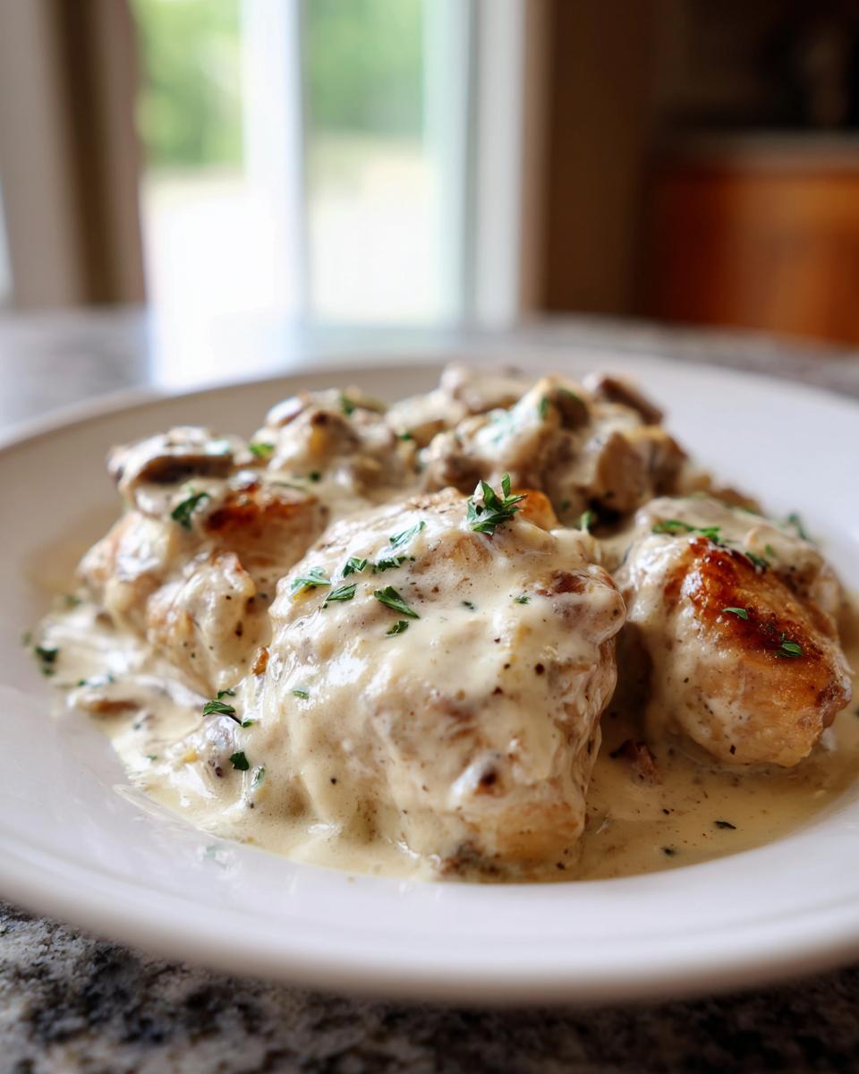 Zwei Stücke saftiges Cremiges Hähnchen mit geröstetem Knoblauch und Kräutern, bedeckt mit Pilzrahmsoße.