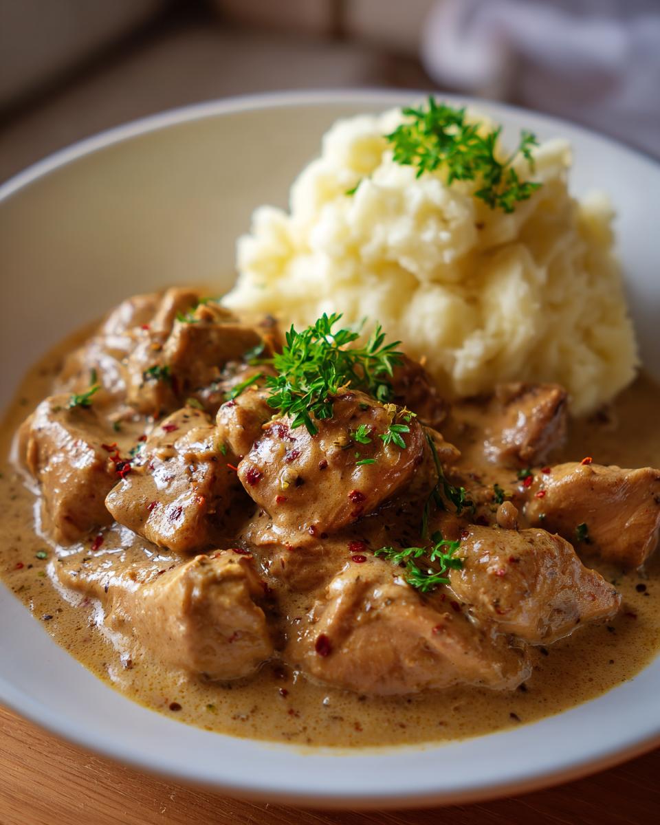 Nahaufnahme von Cremiges Hähnchen mit Kartoffelpüree, garniert mit frischer Petersilie.