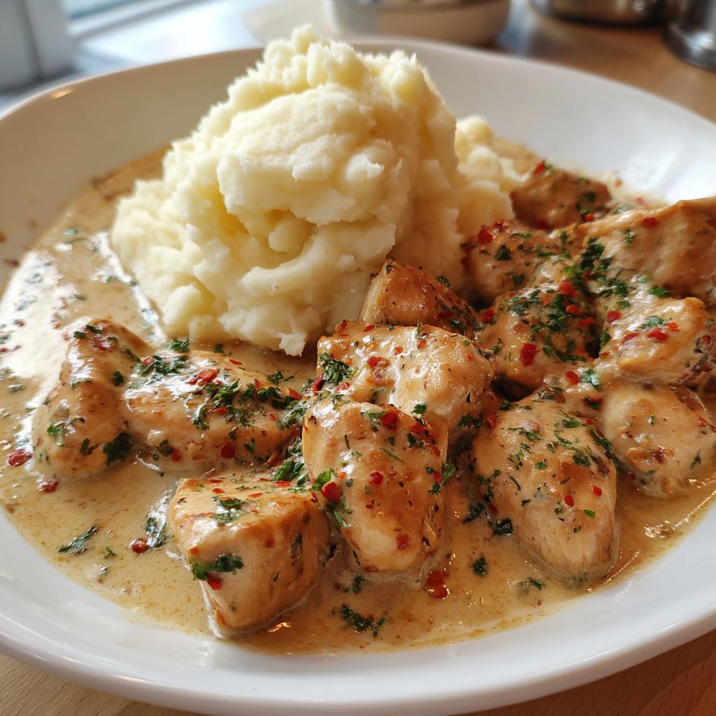 Teller mit Cremiges Hähnchen mit Kartoffelpüree, bedeckt mit einer cremigen Soße und Kräutern.