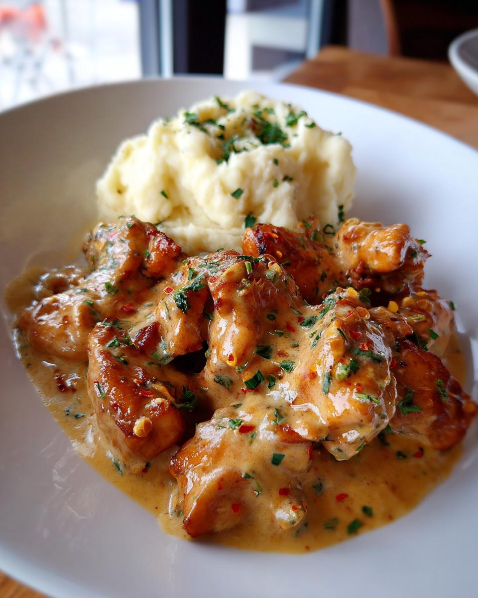 Nahaufnahme von saftigem Cremiges Hähnchen mit Kartoffelpüree, garniert mit Petersilie und Chili.