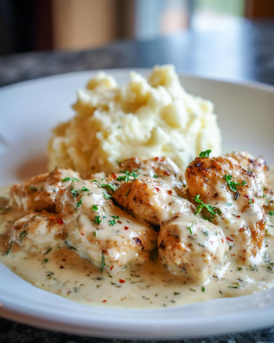 Garniertes Cremiges Hähnchen mit Kartoffelpüree auf einem weißen Teller.