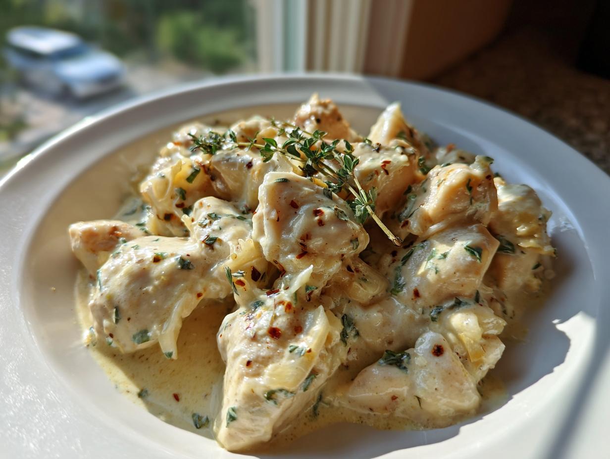 Ein Teller mit Cremiges Hähnchen mit geröstetem Knoblauch und Kräutern, bedeckt mit einer hellen, cremigen Sauce und Thymian.