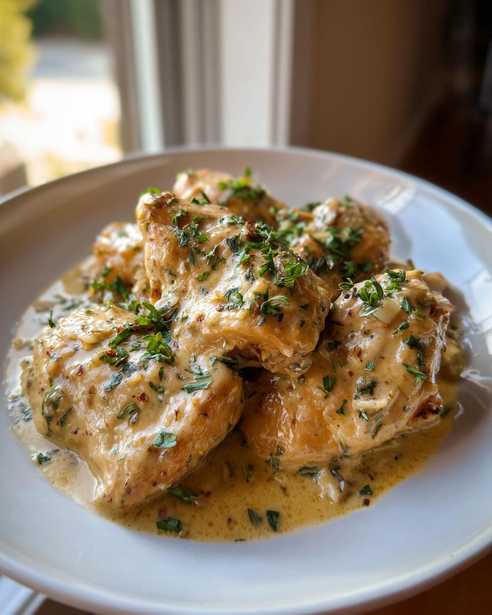 Mehrere Stücke Cremiges Hähnchen mit geröstetem Knoblauch und Kräutern in einer cremigen Soße.