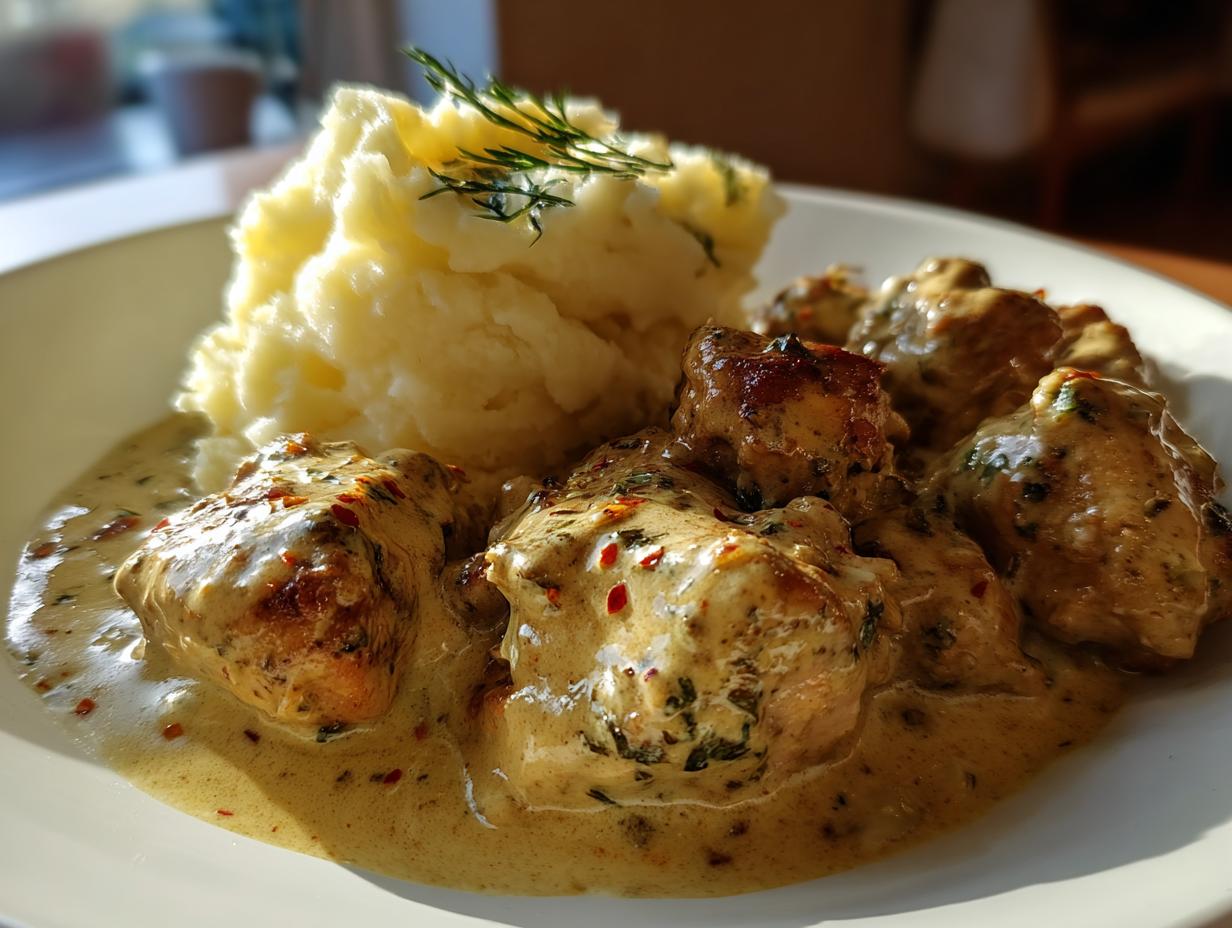 Teller mit Cremiges Hähnchen mit Kartoffelpüree, bedeckt mit cremiger Sauce und Kräutern.