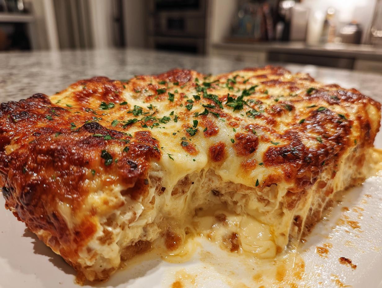 Anschnitt eines Cremiges Hähnchen aus dem Ofen mit Mozzarella-Kruste, das innen cremig und außen überbacken ist.