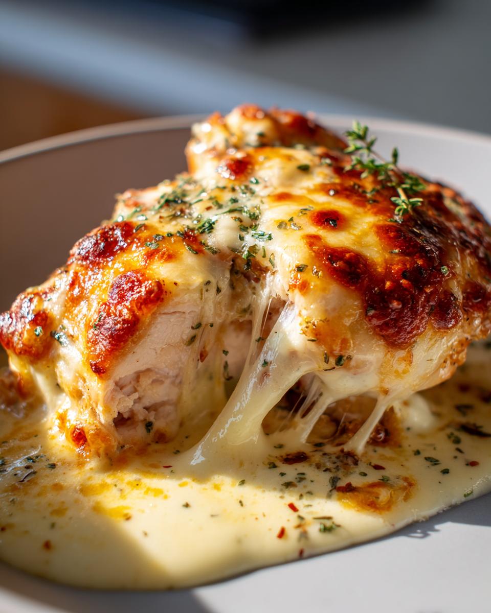 Nahaufnahme von Cremiges Hähnchen aus dem Ofen mit Mozzarella-Kruste, das beim Anschneiden Fäden zieht.