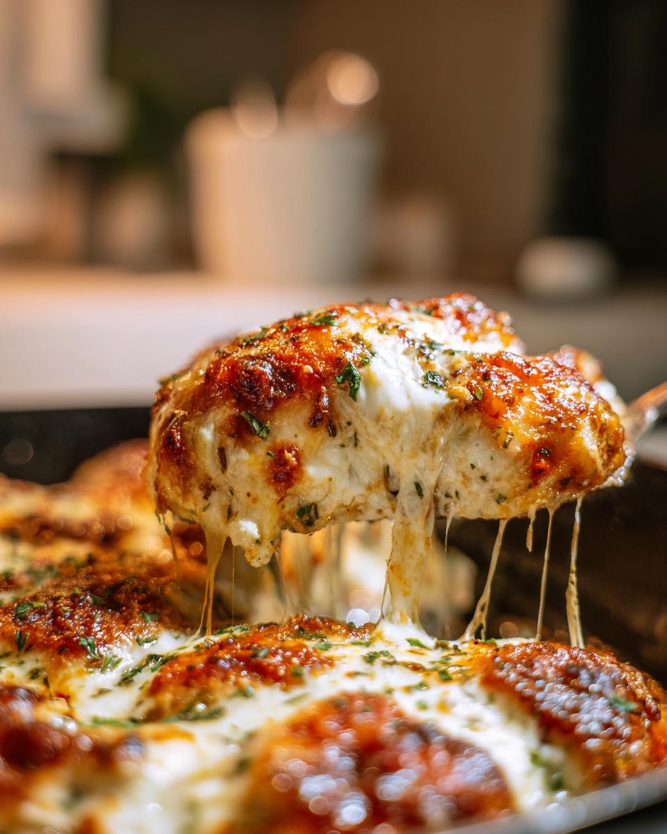 Ein Stück Cremiges Hähnchen aus dem Ofen mit Mozzarella-Kruste wird hochgehoben, wobei der geschmolzene Käse Fäden zieht.