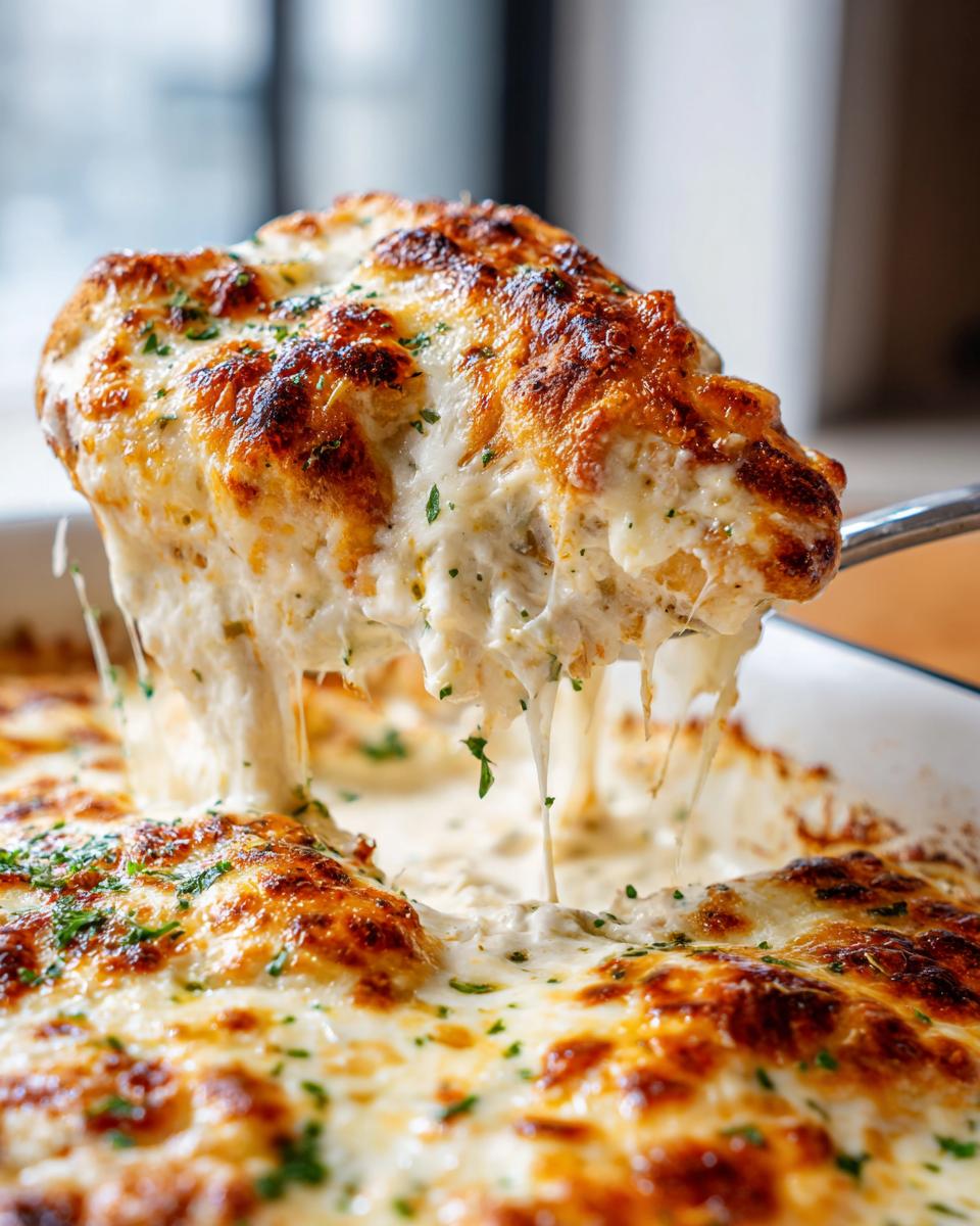 Eine Portion Cremiges Hähnchen aus dem Ofen mit Mozzarella-Kruste wird herausgehoben, mit langgezogenem Käse.
