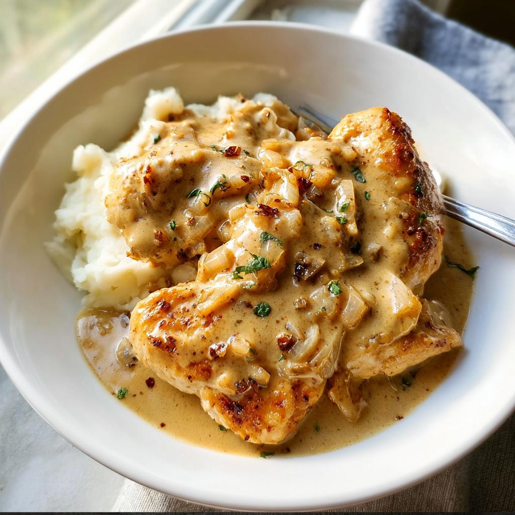 Zwei gebratene Hähnchenbrustfilets bedeckt mit cremiger Knoblauchsoße und Zwiebeln, serviert auf Kartoffelpüree: Cremiges Knoblauch Hähnchen.