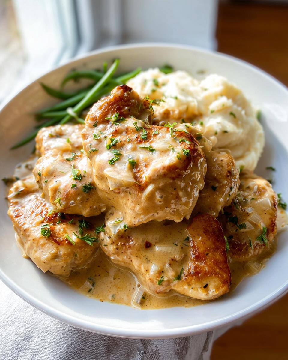 Teller mit Cremiges Knoblauch Hähnchen in cremiger Soße, serviert mit Kartoffelpüree und grünen Bohnen.