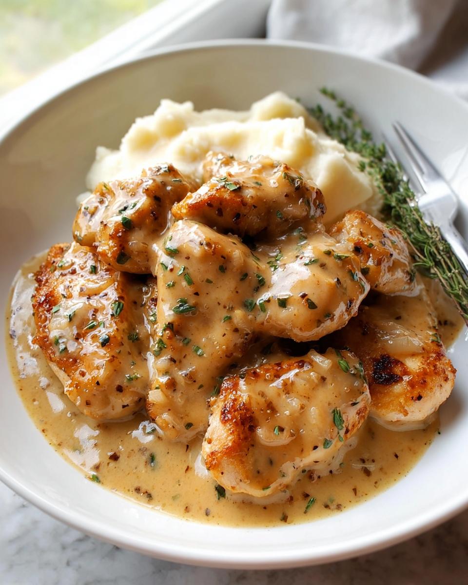 Gebratenes Hähnchen in cremiger Knoblauchsauce mit Kartoffelpüree – Cremiges Knoblauch Hähnchen.