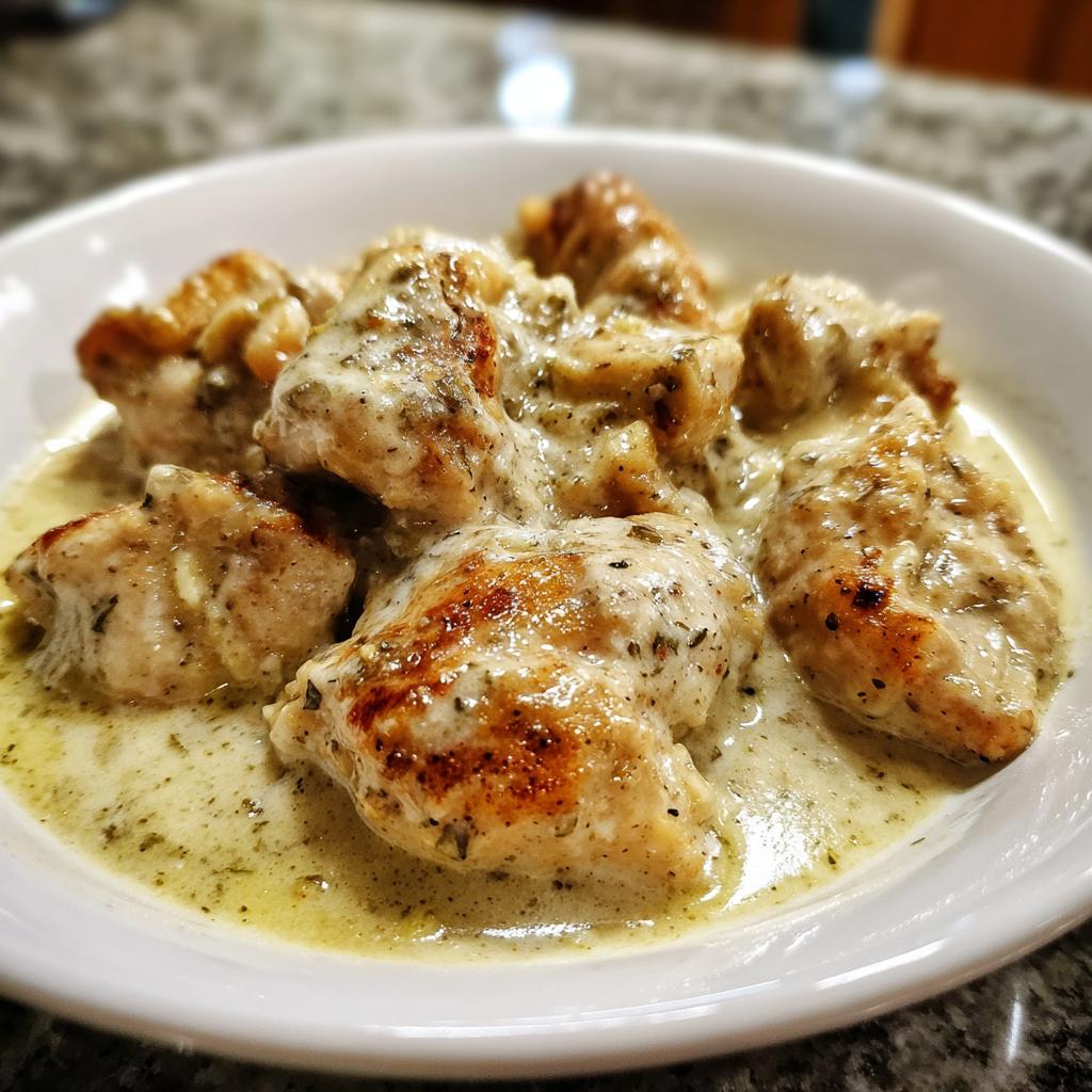 Gebratene Hähnchenstücke in einer cremigen, hellgrünen Kokosnusssoße, das Gericht heißt Cremiges Kokosnuss-Hähnchen.