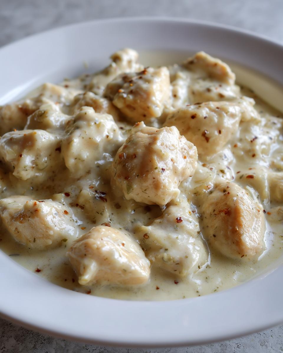 Nahaufnahme von saftigen Hähnchenstücken in einer cremigen Kokosnuss-Sauce, gewürzt mit Kräutern und Chili.