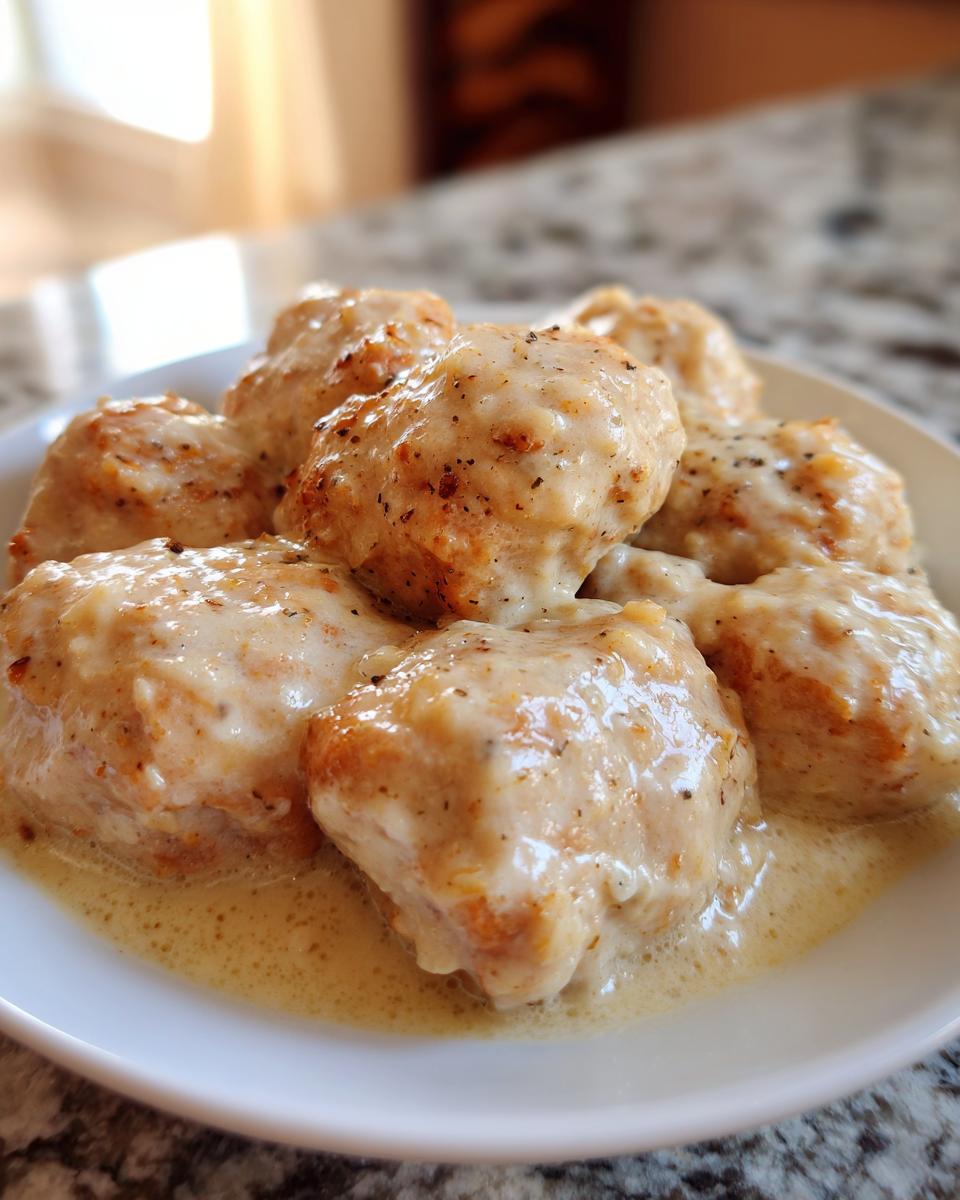 Mehrere Stücke Hähnchen in einer cremigen Kokosnusssoße, serviert auf einem weißen Teller.