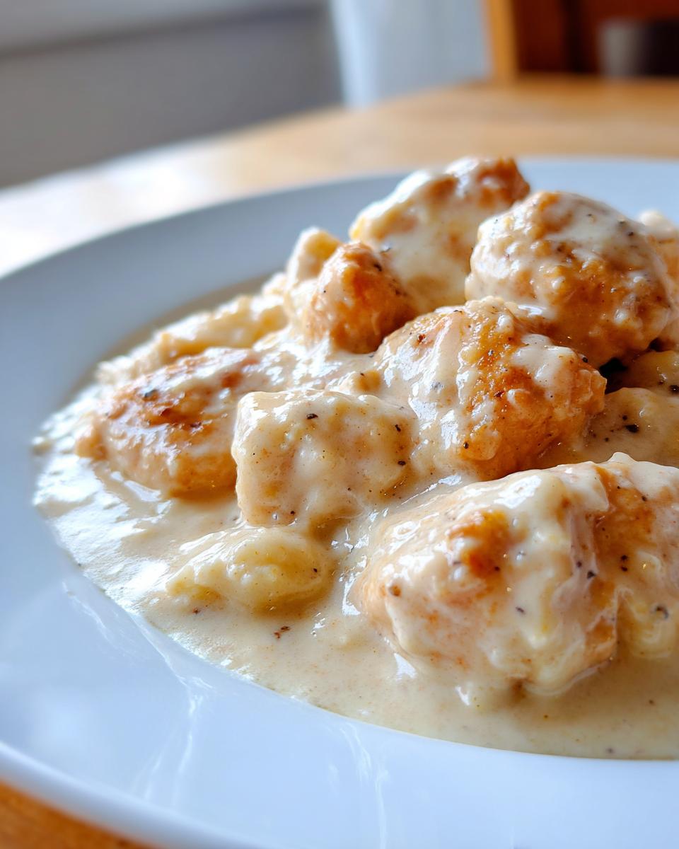 Nahaufnahme von saftigen Hähnchenstücken, bedeckt mit einer cremigen Kokosnusssoße, das Gericht heißt Cremiges Kokosnuss-Hähnchen.